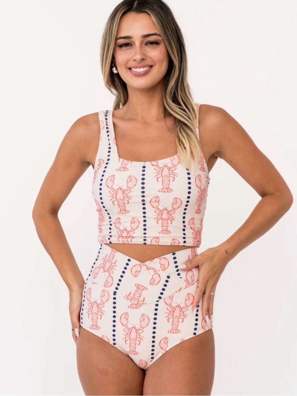 Coral Reef Swim Two-Piece Swimsuit in Blush with Coral Lobster Print Size M